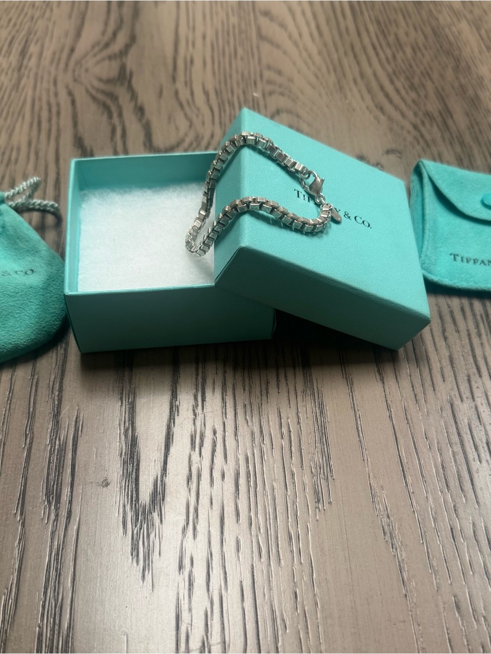 Tiffany & Co. Sterling Silver Box Chain Bracelet with Tiffany Blue Packaging